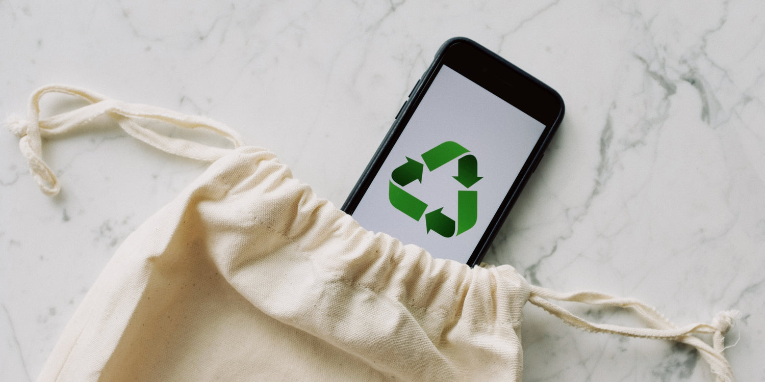 phone with recycling triangle symbol poking out of canvas bag