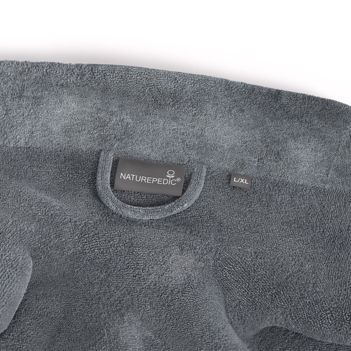 Gray robe with Naturepedic logo and size label on a white background #color_smokey slate