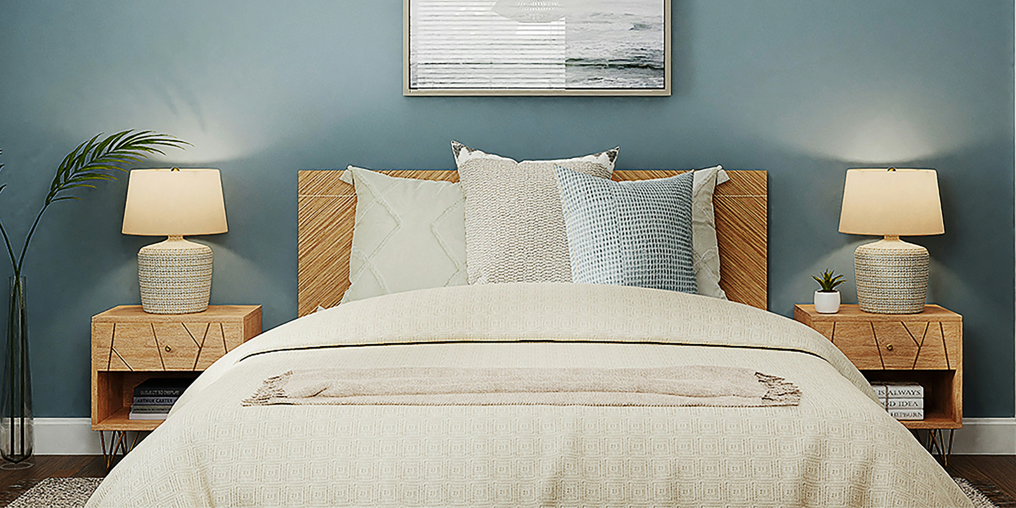 Bed in the Feng shui command position with nightstands on either side