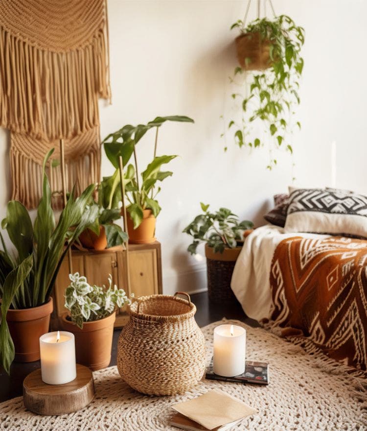 bedroom plants and bed