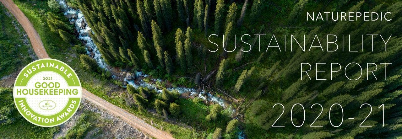Overhead image of forest and stream, Good Housekeeping Sustainable Innovation Award emblem 