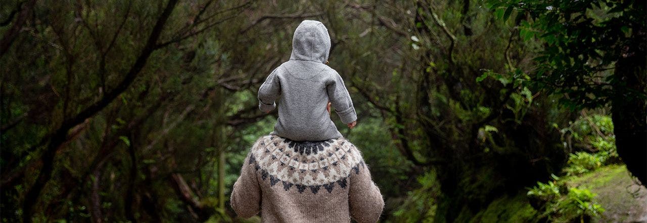 Father hiking with toddler sitting on his shoulders