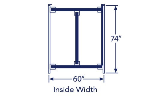 Illustration of queen bed frame with listed dimensions of 60" x 74"