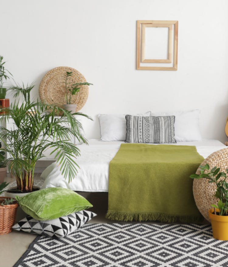 bedroom plants and bed
