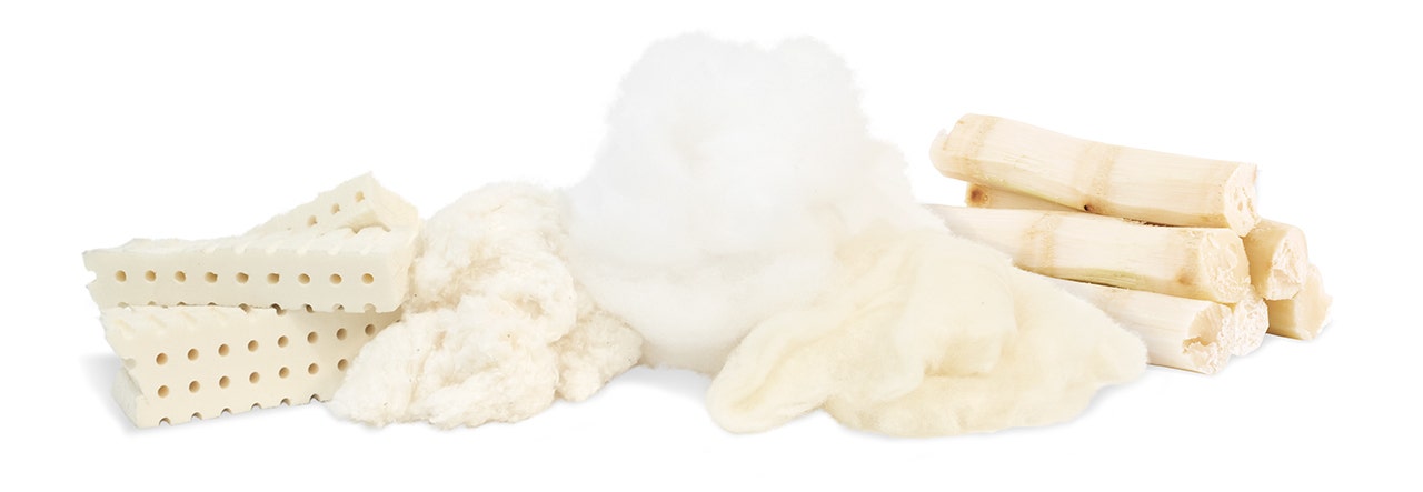 Collection of latex, cotton, pla, wool and sugarcane samples on white background