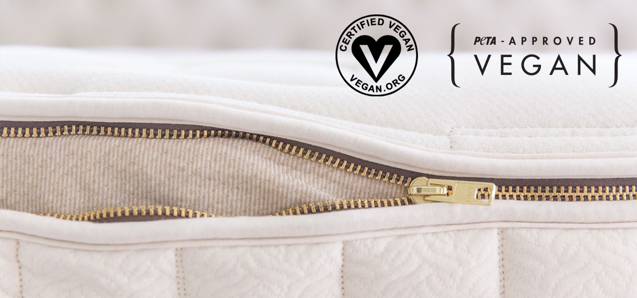 EOS Vegan Mattress encasement with zipper, showing PETA-Approved Vegan and Vegan Certifed logos