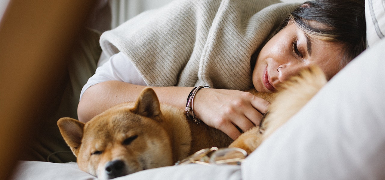 Woman comfortably napping with her dog